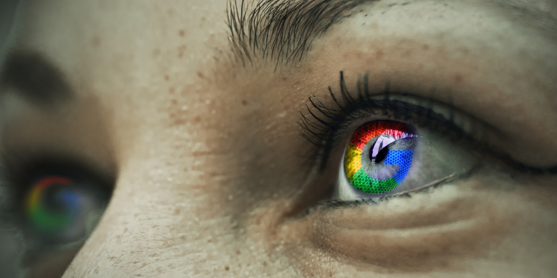 Google My Business profile. Google logo reflected on an eye